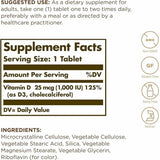 Solgar Vitamina D3 (Colecalciferol) 25 mcg 1000 IU - 180 Tabletas - Tabla Nutricional - Haz Tu Pedido