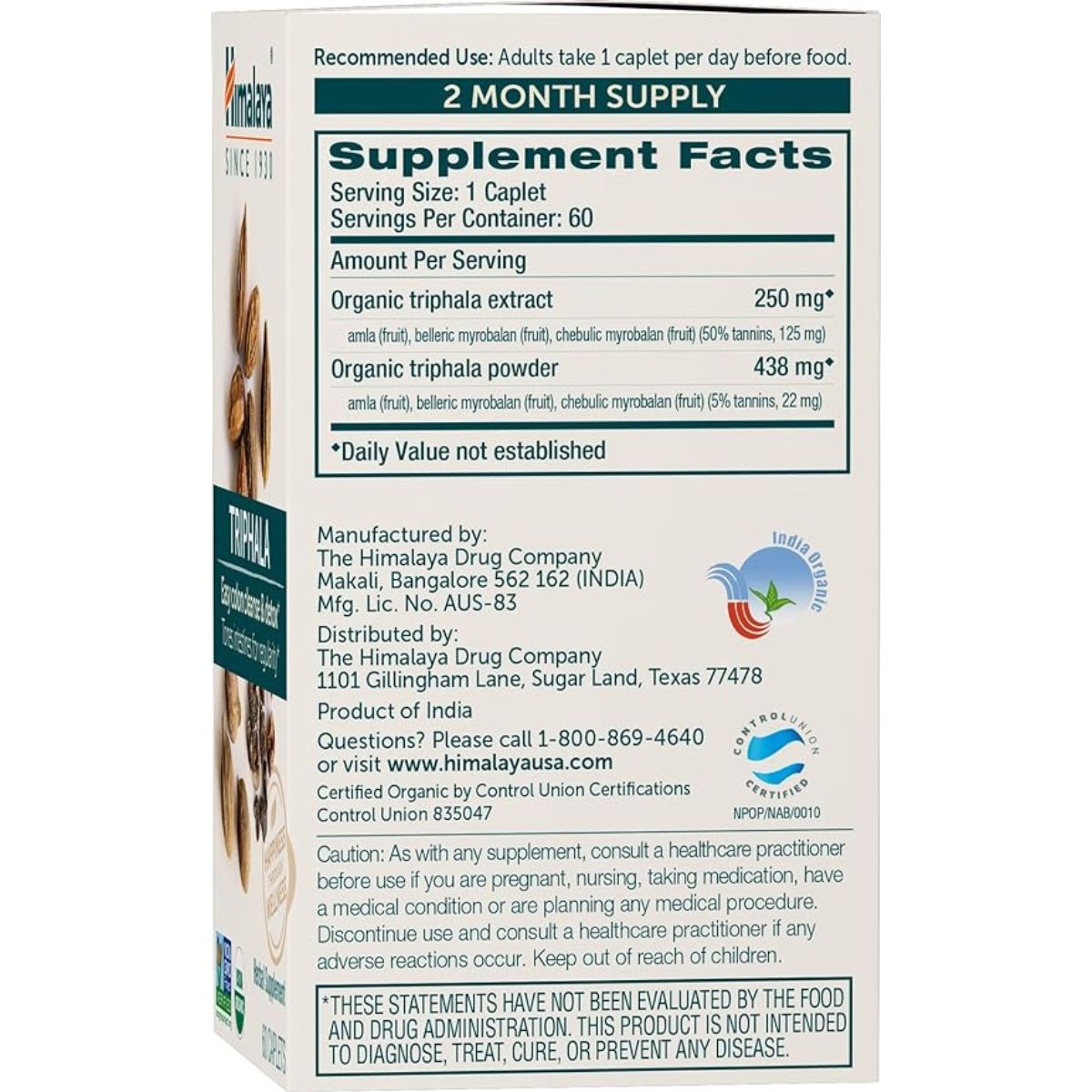 Himalaya Triphala Orgánica  - 60 Comprimidos - Tabla Nutricional - Haz Tu Pedido
