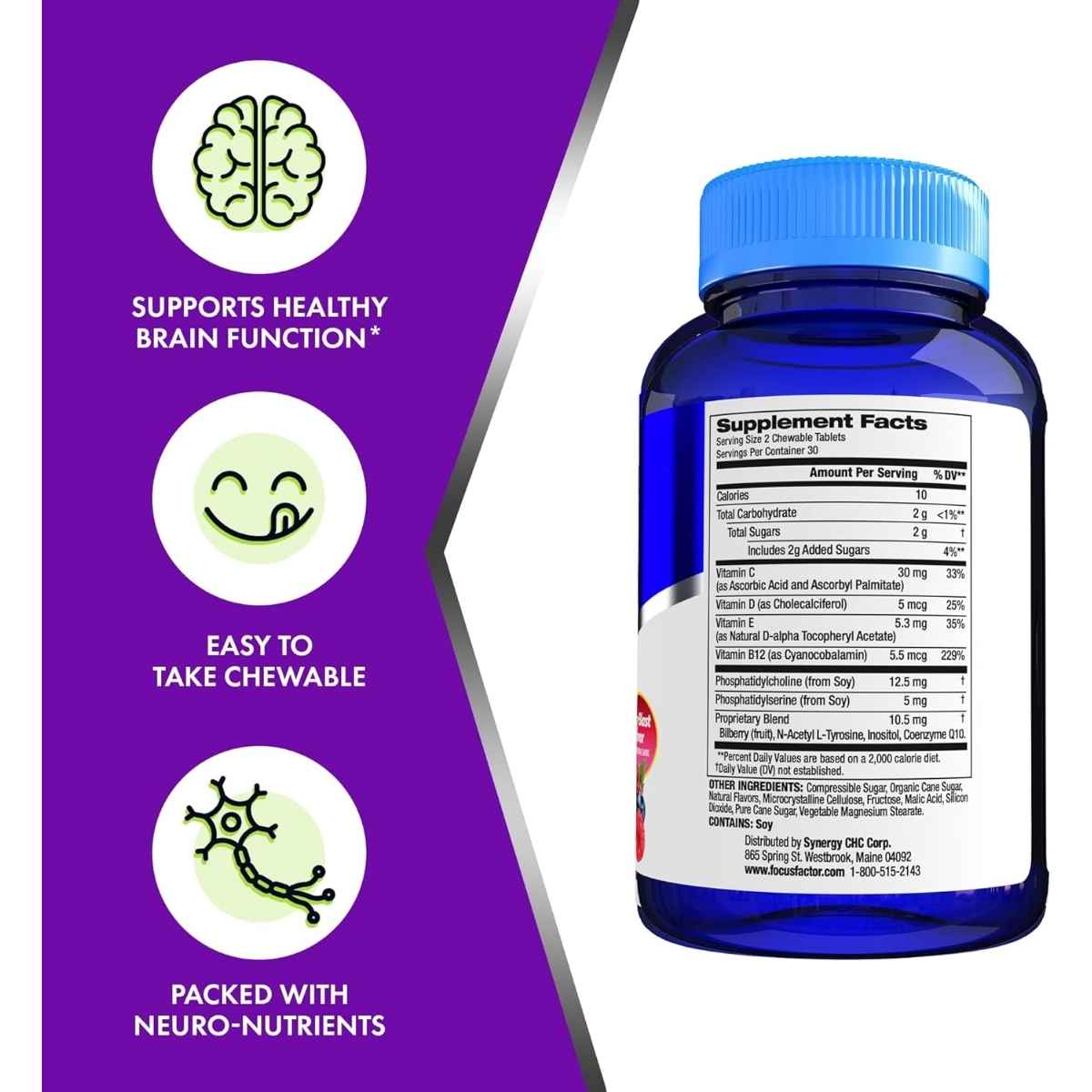 Focus Factor Enfoque Cerebral Para Niños  - Sabor Bayas - 60 Tabletas Masticables -  Tabla Nutricional - Haz Tu Pedido