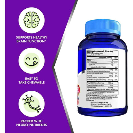 Focus Factor Enfoque Cerebral Para Niños  - Sabor Bayas - 60 Tabletas Masticables -  Tabla Nutricional - Haz Tu Pedido
