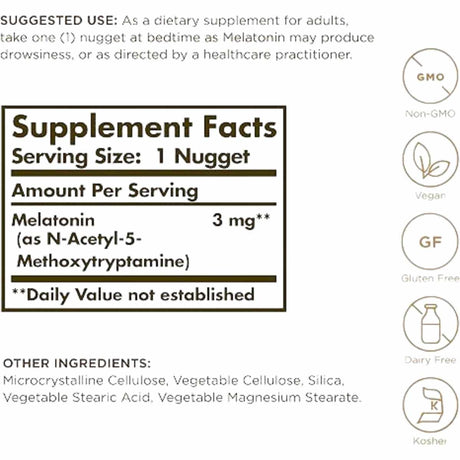 Solgar Melatonina  3 mg - 120 Pepitas Masticables - Tabla Nutricional - Haz Tu Pedido