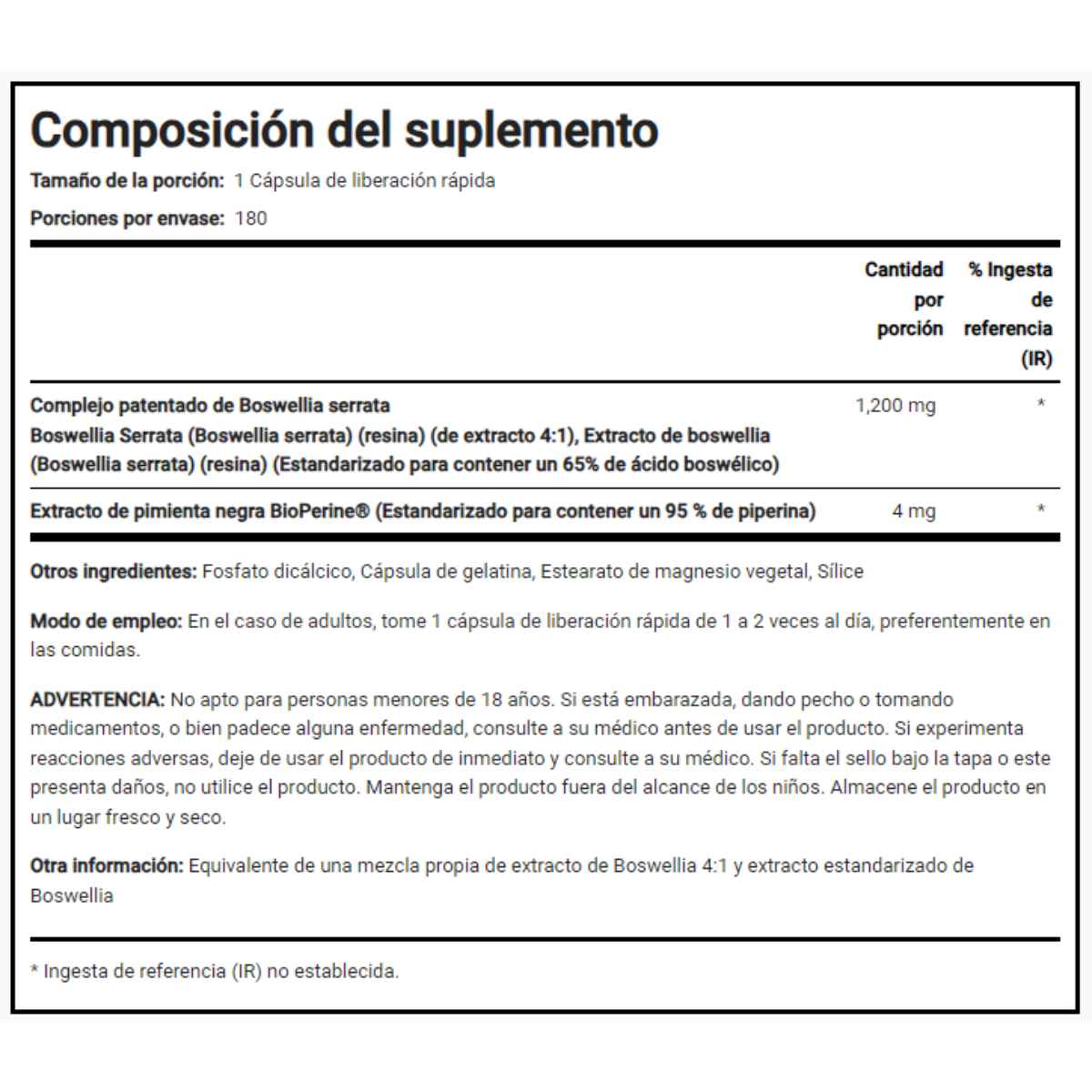 Piping Rock Extracto de Boswellia 1200 mg - 180  Cápsulas de Liberación Rápida - Tabla Nutricional - Haz Tu Pedido