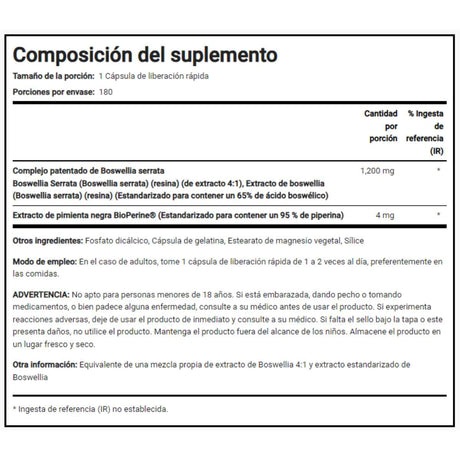 Piping Rock Extracto de Boswellia 1200 mg - 180  Cápsulas de Liberación Rápida - Tabla Nutricional - Haz Tu Pedido