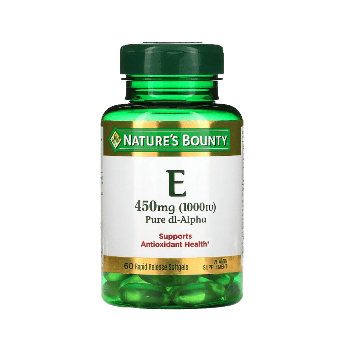 "Experimenta el poder de la Vitamina E de Nature's Bounty: 450 mg en 60 Cápsulas Blandas. ¡Optimiza tu bienestar con cada cápsula!"