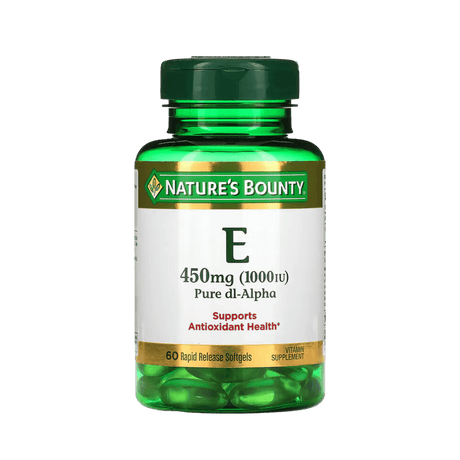 "Experimenta el poder de la Vitamina E de Nature's Bounty: 450 mg en 60 Cápsulas Blandas. ¡Optimiza tu bienestar con cada cápsula!"
