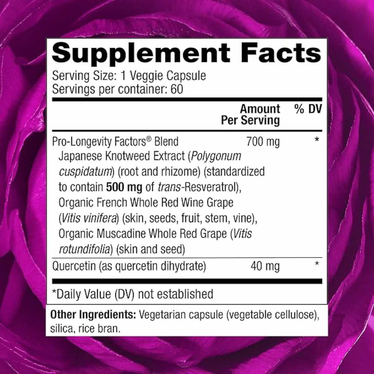 Reserveage Beauty  Resveratrol  500 mg - 60 Cápsulas Vegetales - Tabla Nutricional - Haz Tu Pedido