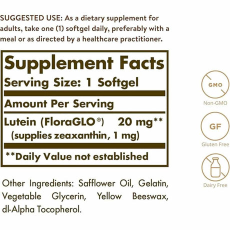 Solgar  Luteína 20 mg - 60  Cápsulas Blandas - Tabla Nutricional - Haz Tu Pedido