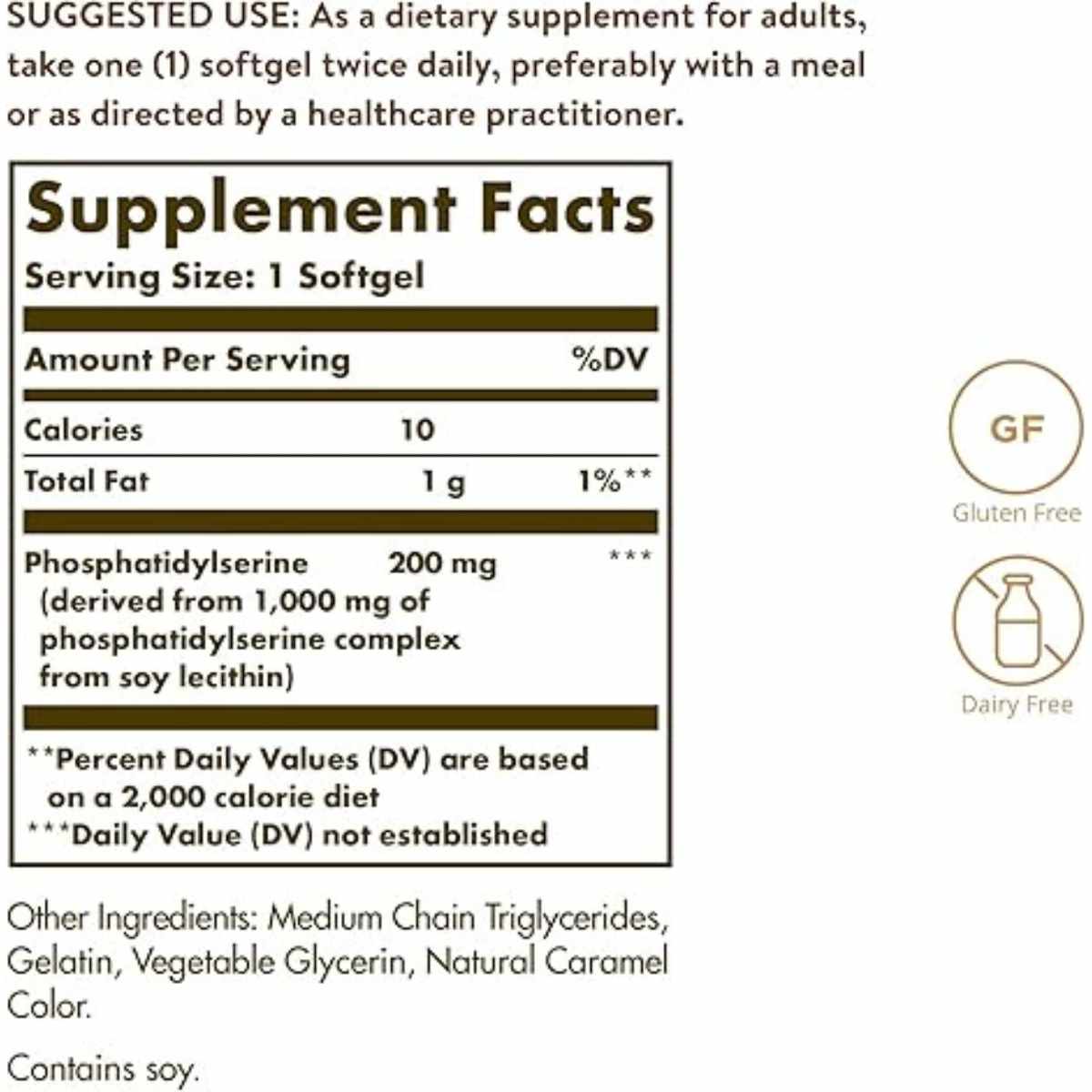 Solgar Fosfatidilserina 500 mg - 60  Cápsulas Blandas - Tabla Nutricional - Haz Tu Pedido