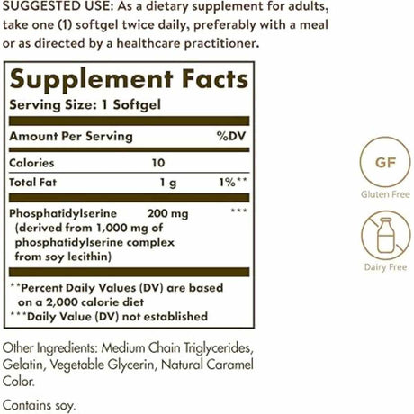 Solgar Fosfatidilserina 500 mg - 60  Cápsulas Blandas - Tabla Nutricional - Haz Tu Pedido