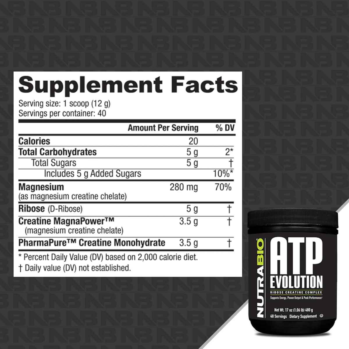 NutraBio Complejo de creatina ATP Evolution - 480 g - Tabla Nutricional - Haz Tu Pedido
