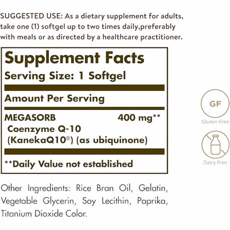 Solgar CoQ-10  400 mg - 60  Cápsulas Blandas - Tabla Nutricional - Haz Tu Pedido