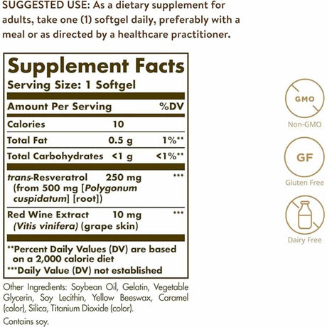 Solgar Resveratrol Con Extracto De Vino Tinto 250 mg - 60 Cápsulas Blandas - Tabla Nutricional - Haz Tu Pedido