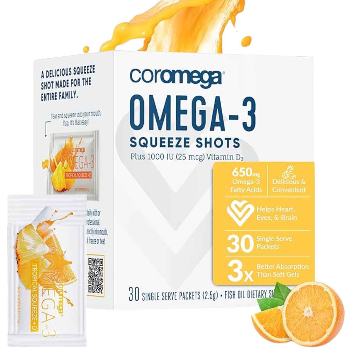 Coromega Omega-3 650 mg - Sabor Naranja Tropical - 30 Paquetes - Haz Tu Pedido