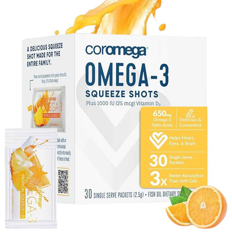 Coromega Omega-3 650 mg - Sabor Naranja Tropical - 30 Paquetes - Haz Tu Pedido