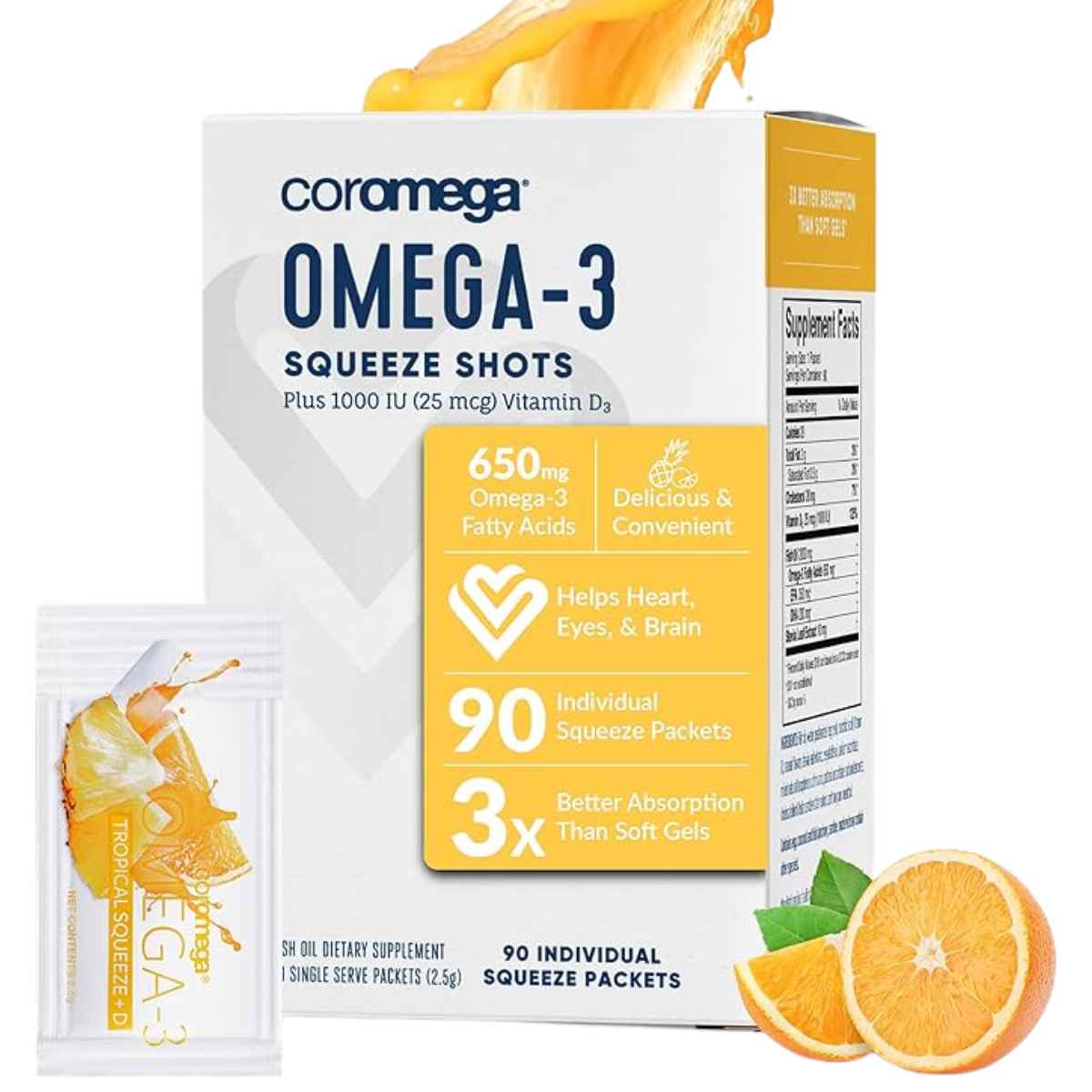 Coromega Omega-3 650 mg - Sabor Naranja Tropical - 90 Paquetes - Haz Tu Pedido