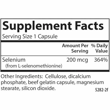 Carlson Selenio  200 mcg - 180  Cápsulas - Tabla Nutricional - Haz Tu Pedido
