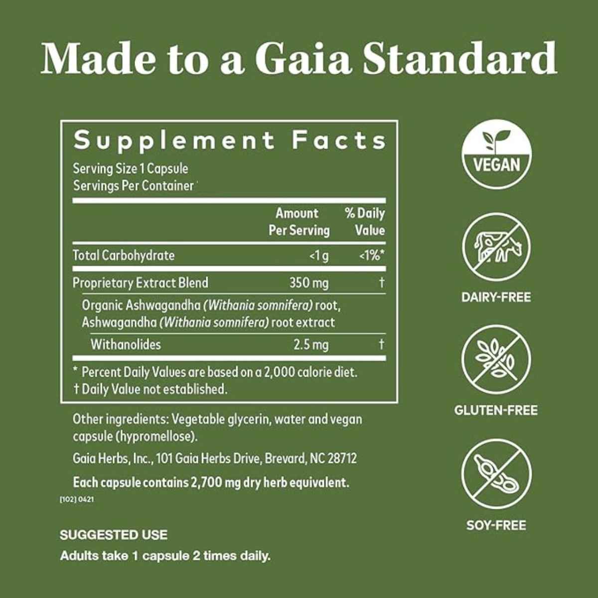 Gaia Herbs  Raíz de Ashwagandha  - 60 Cápsulas - Tabla Nutricional - Haz Tu Pedido