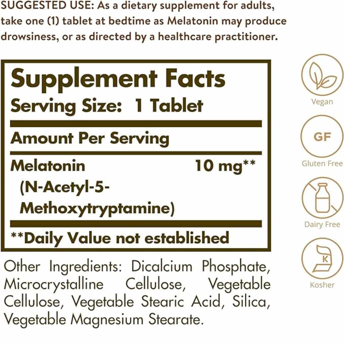 Solgar Melatonina  10 mg - 60  Tabletas - Tabla Nutricional - Haz Tu Pedido