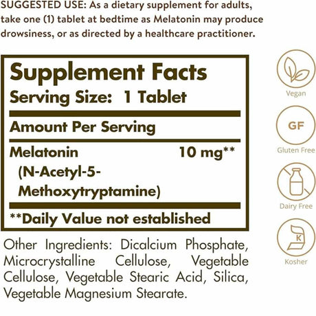 Solgar Melatonina  10 mg - 60  Tabletas - Tabla Nutricional - Haz Tu Pedido