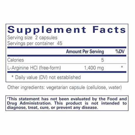 Pure Encapsulations  L-Arginina  - 90 Cápsulas - Tabla Nutricional - Haz Tu Pedido