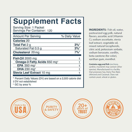 Coromega Omega-3 650 mg - Sabor Naranja - 120 Paquetes - Tabla Nutricional - Haz Tu Pedido
