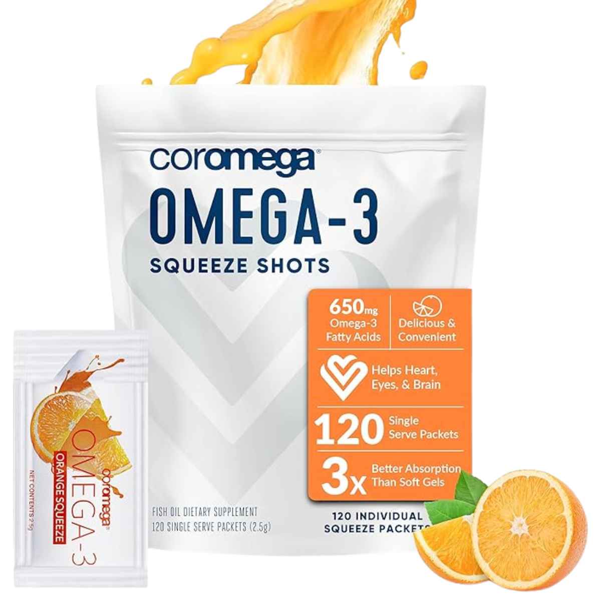 Coromega Omega-3 650 mg - Sabor Naranja - 120 Paquetes - Haz Tu Pedido