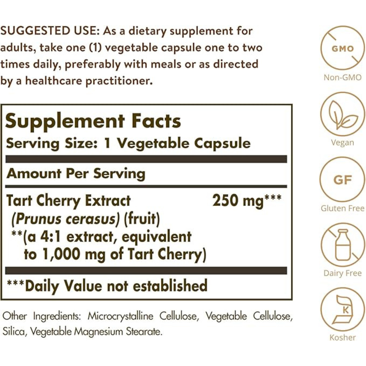 Solgar Cereza Ácida 1000 mg - 90 Cápsulas Vegetarianas - Tabla Nutricional - Haz Tu Pedido