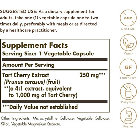 Solgar Cereza Ácida 1000 mg - 90 Cápsulas Vegetarianas - Tabla Nutricional - Haz Tu Pedido