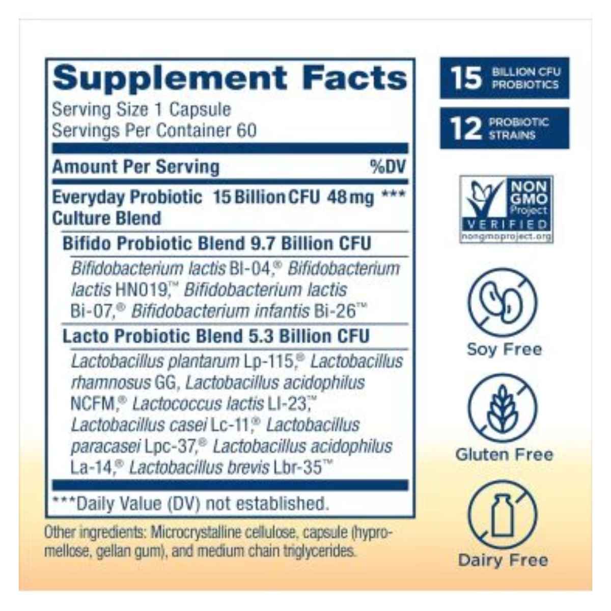 Renew Life Ultimate Flora Probiótico Diario 15 Mil Millones CFU - 60 Cápsulas Vegetarianas - Tabla Nutricional - Haz Tu Pedido