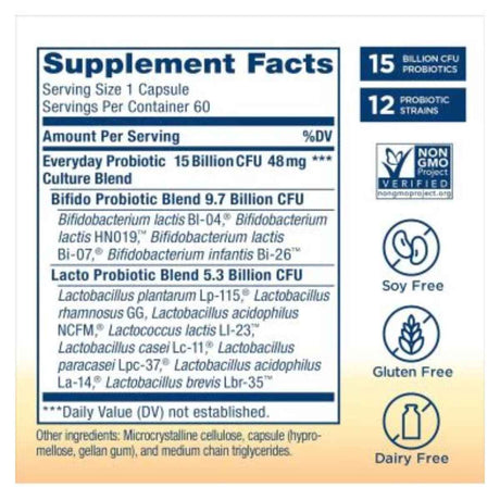Renew Life Ultimate Flora Probiótico Diario 15 Mil Millones CFU - 60 Cápsulas Vegetarianas - Tabla Nutricional - Haz Tu Pedido