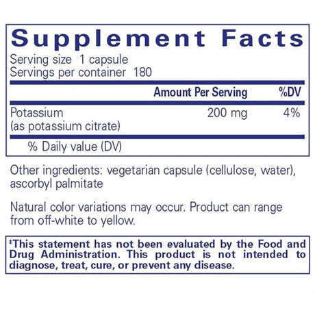 Pure Encapsulations Potasio (Citrato) - 180  Cápsulas - Tabla Nutricional - Haz Tu Pedido