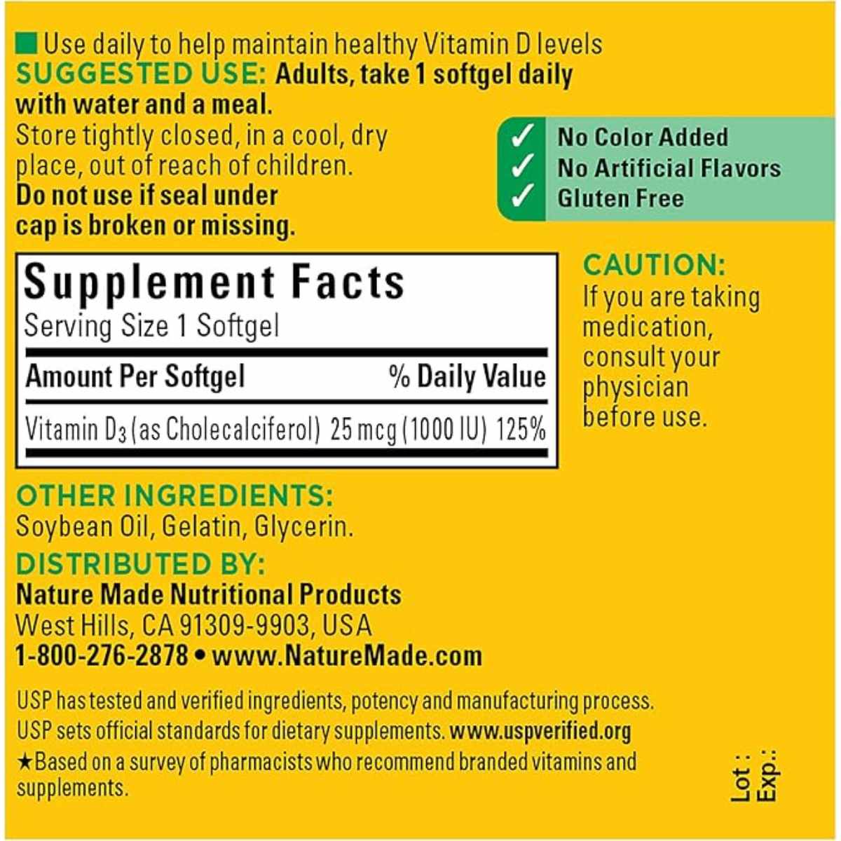 Nature Made Vitamina D3 1000 IU - 100 Cápsulas Blandas - Tabla Nutricional - Haz Tu Pedido