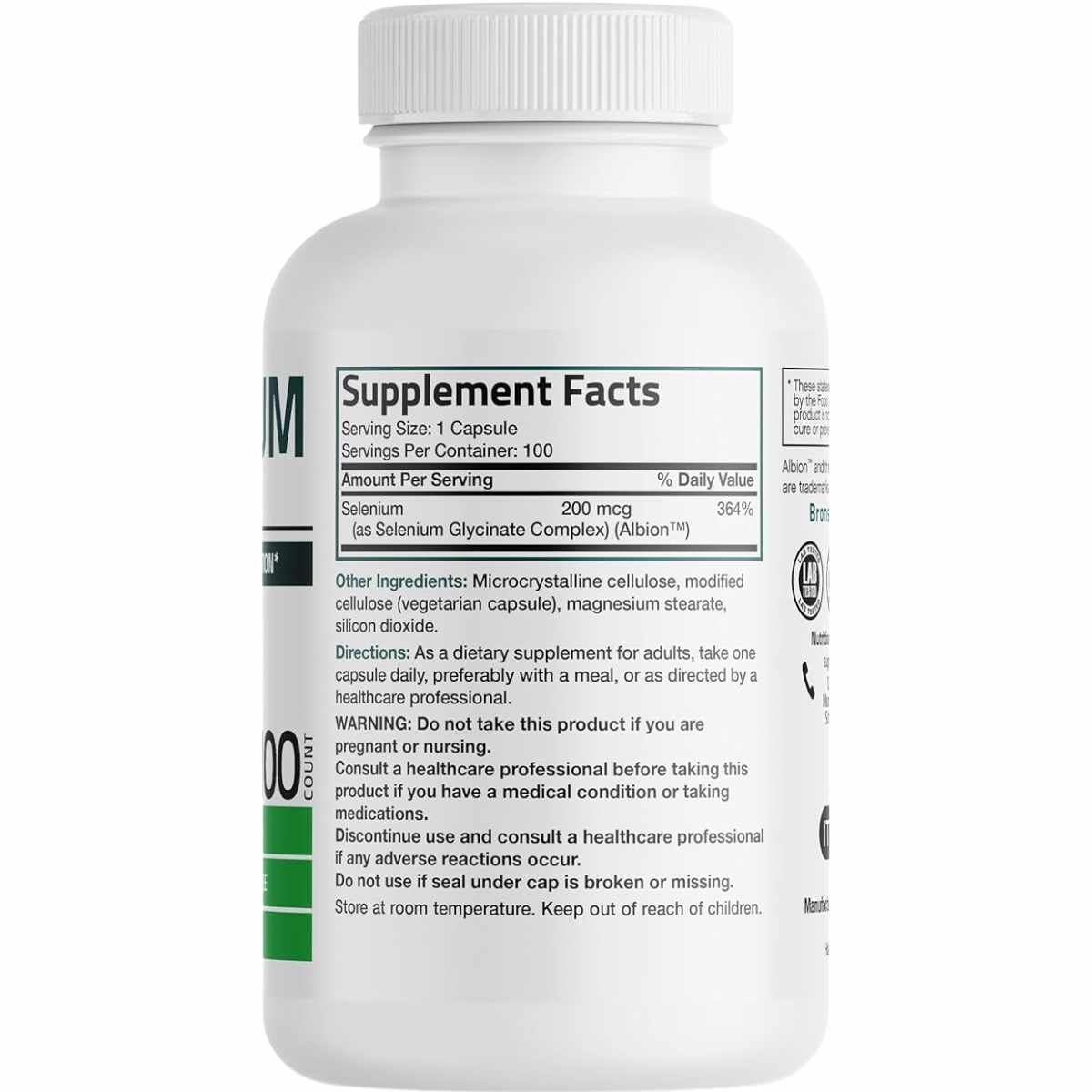 Bronson Selenio  200 mcg - 100 Cápsulas Vegetarianas - Tabla Nutricional - Haz Tu Pedido