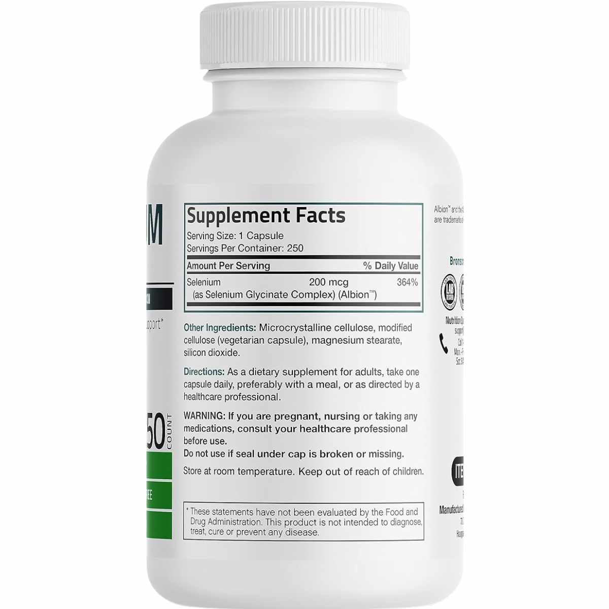 Bronson Selenio  200 mcg - 250 Cápsulas Vegetarianas - Tabla Nutricional - Haz Tu Pedido