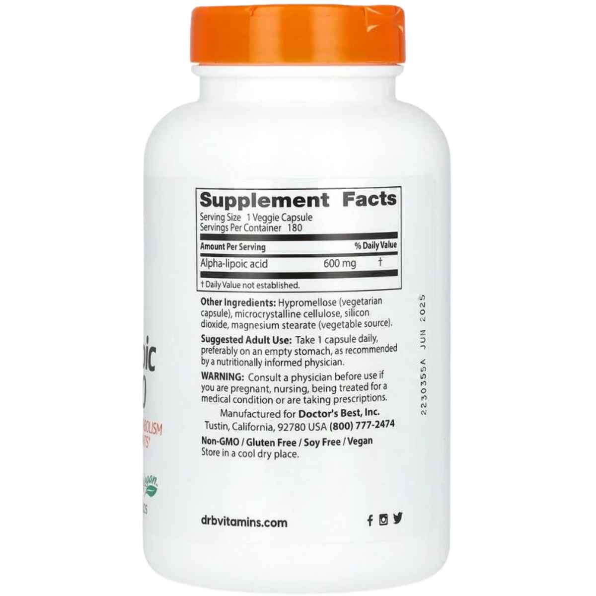 Doctor’s Best Ácido Alfa-Lipoico 600 mg - 180 Cápsulas Vegetales - Tabla Nutricional - Haz Tu Pedido