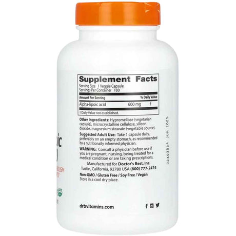 Doctor’s Best Ácido Alfa-Lipoico 600 mg - 180 Cápsulas Vegetales - Tabla Nutricional - Haz Tu Pedido