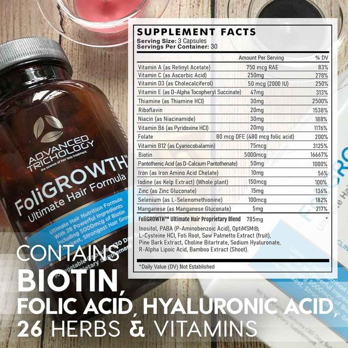 Advanced Trichology Vitamina para el Crecimiento del Cabello - 90 Cápsulas Vegetales - Tabla Nutricional - Haz Tu Pedido