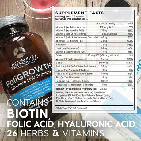 Advanced Trichology Vitamina para el Crecimiento del Cabello - 90 Cápsulas Vegetales - Tabla Nutricional - Haz Tu Pedido