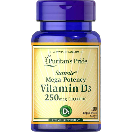 Puritans Pride Vitamin D3 250 mcg (10,000 IU) - 100 Cápsulas Blandas de Liberación Rápida - Haz Tu Pedido