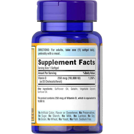Puritans Pride Vitamin D3 250 mcg (10,000 IU) - 100 Cápsulas Blandas de Liberación Rápida - Haz Tu Pedido
