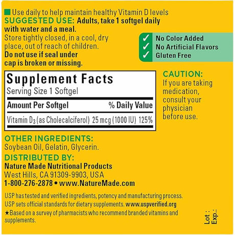 Nature Made Vitamina D3  1000 IU - 180 Cápsulas Blandas - Tabla Nutricional - Haz Tu Pedido