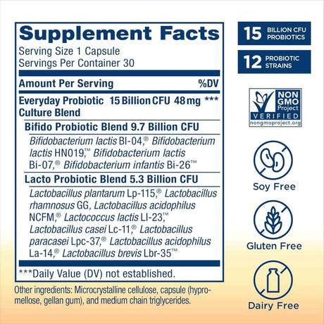 Renew Life Ultimate Flora Probiótico Diario 15 Mil Millones CFU - 30 Cápsulas Vegetarianas - Tabla Nutricional - Haz Tu Pedido