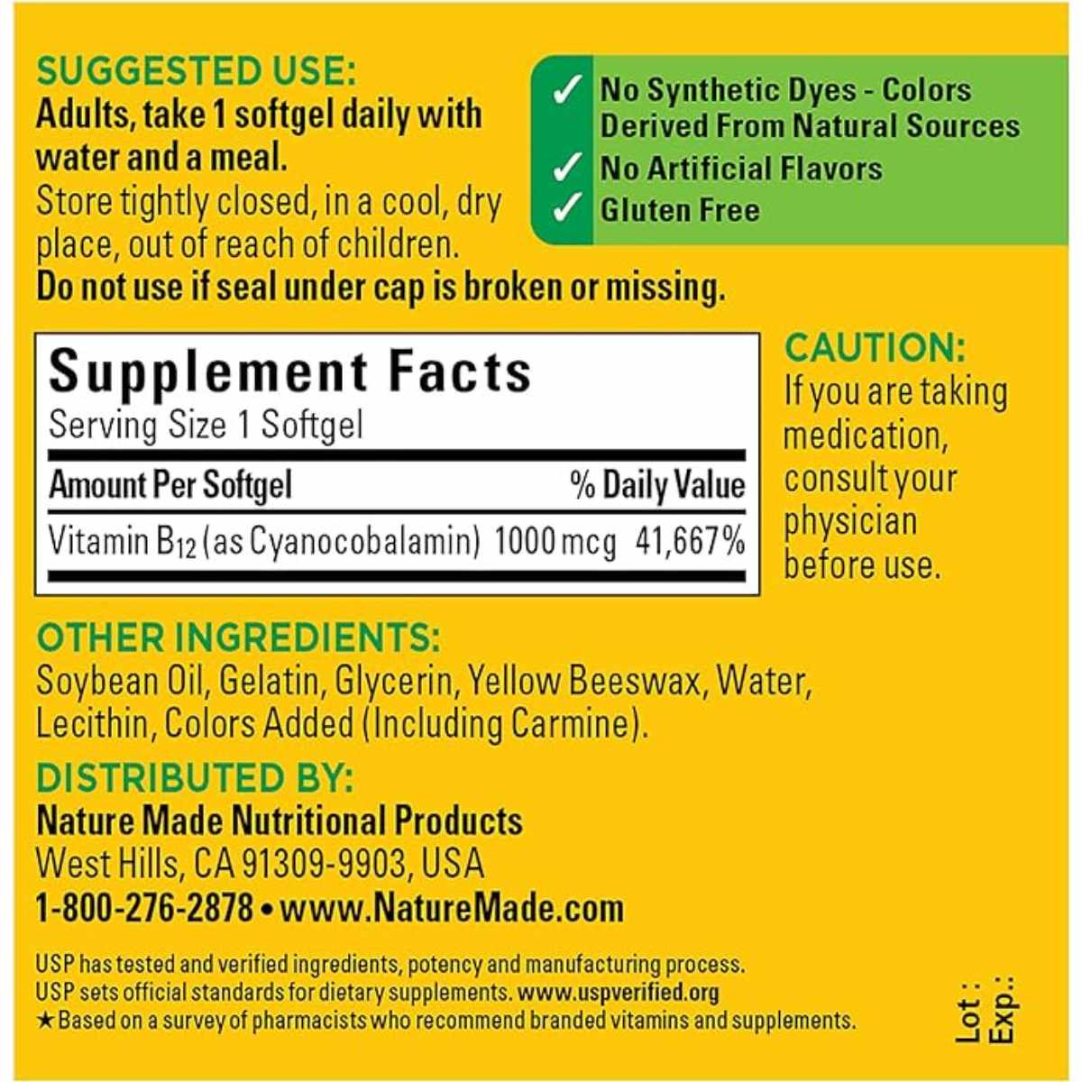 Nature Made Vitamina B12 1000 mcg - 90 Cápsulas Blandas - Tabla Nutricional - Haz Tu Pedido