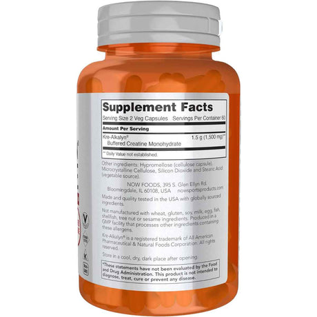 NOW Foods Kre-Alkalyn® Creatina 750 mg - 120 Cápsulas Veganas - Tabla Nutricional - Haz Tu Pedido