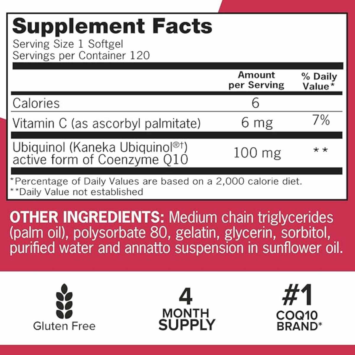 Qunol Mega Ubiquinol CoQ10 100 mg - 120 Cápsulas Blandas - Tabla Nutricional - Haz Tu Pedido
