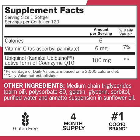 Qunol Mega Ubiquinol CoQ10 100 mg - 120 Cápsulas Blandas - Tabla Nutricional - Haz Tu Pedido
