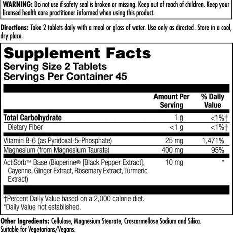 KAL Taurato de Magnesio 400 mg - 90 Tabletas - Tabla Nutricional - Haz Tu Pedido