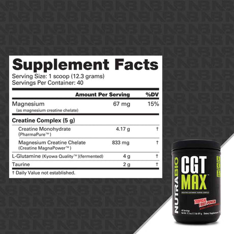 NutraBio CGT Max Creatina, Glutamina y Taurina - Sabor Ponche de Frutas - 491 g - Tabla Nutricional - Haz Tu Pedido