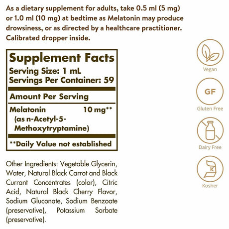 Solgar Melatonina Líquida 10 mg - Sabor Cereza Negra - 59  ml - Tabla Nutricional - Haz Tu Pedido