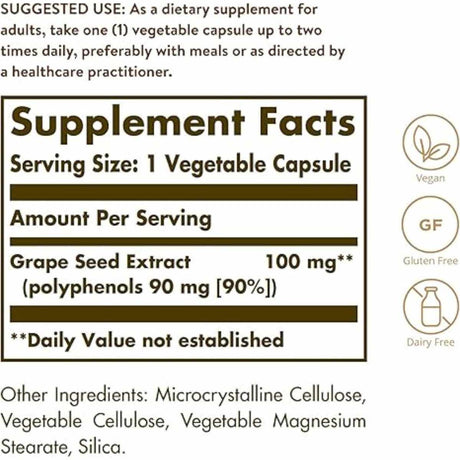 Solgar Extracto de Semilla de Uva 100 mg - 60  Cápsulas Vegetales - Tabla Nutricional - Haz Tu Pedido